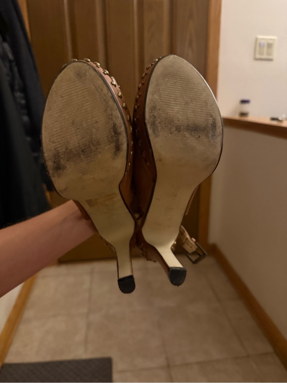 Wild Diva Brown Studded Peep-Toe Platform Slingback Heels - Picture 4 of 6